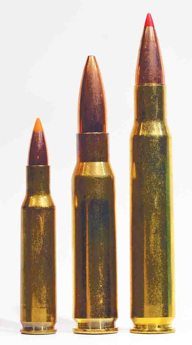 The .222 Remington (left) is often called a scaled-down .30-06 (right). Terry believes it’s closer to the .308 Winchester (center), which came along four years after the .222.